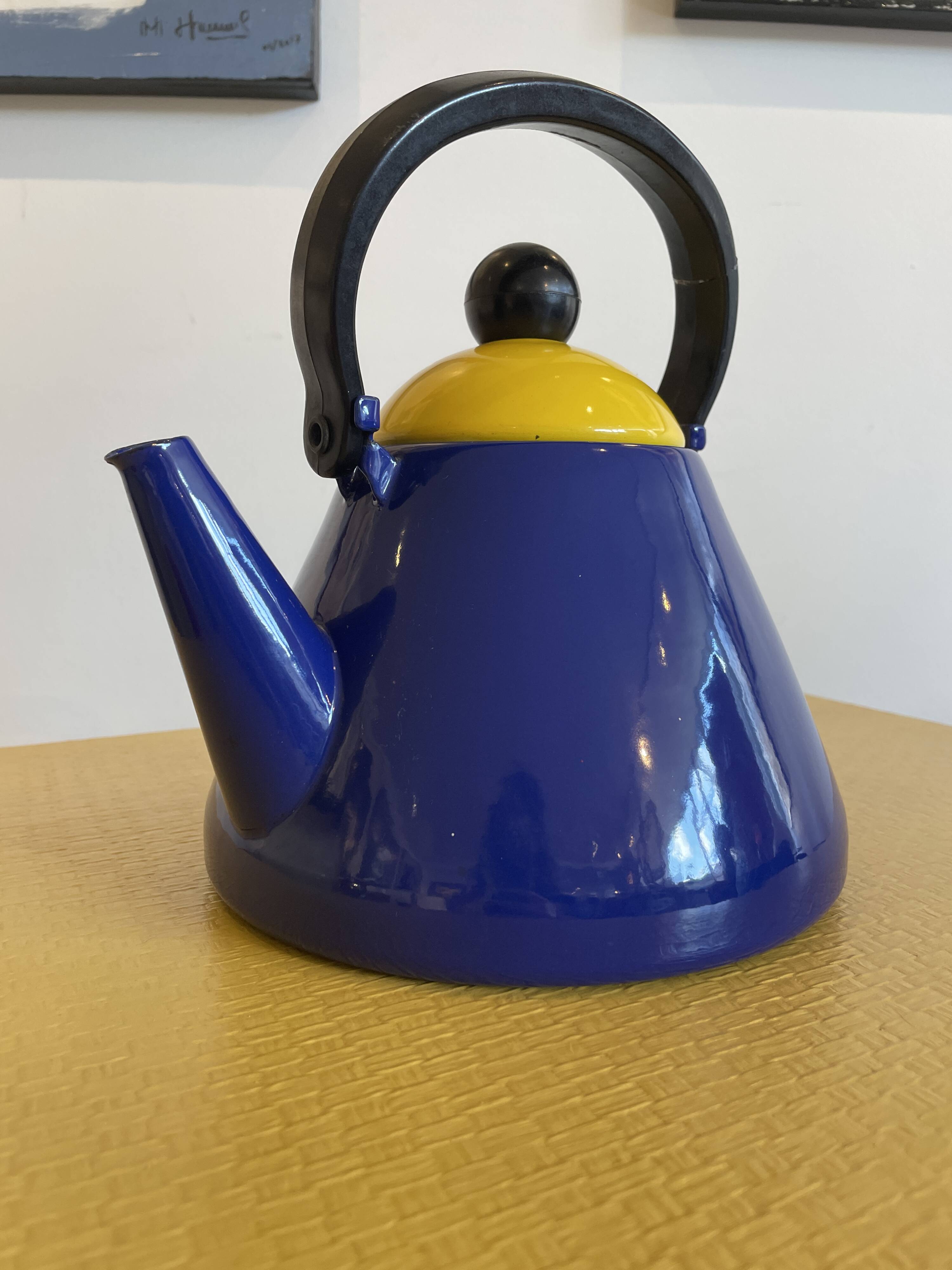 Yellow and blue enamel kettle