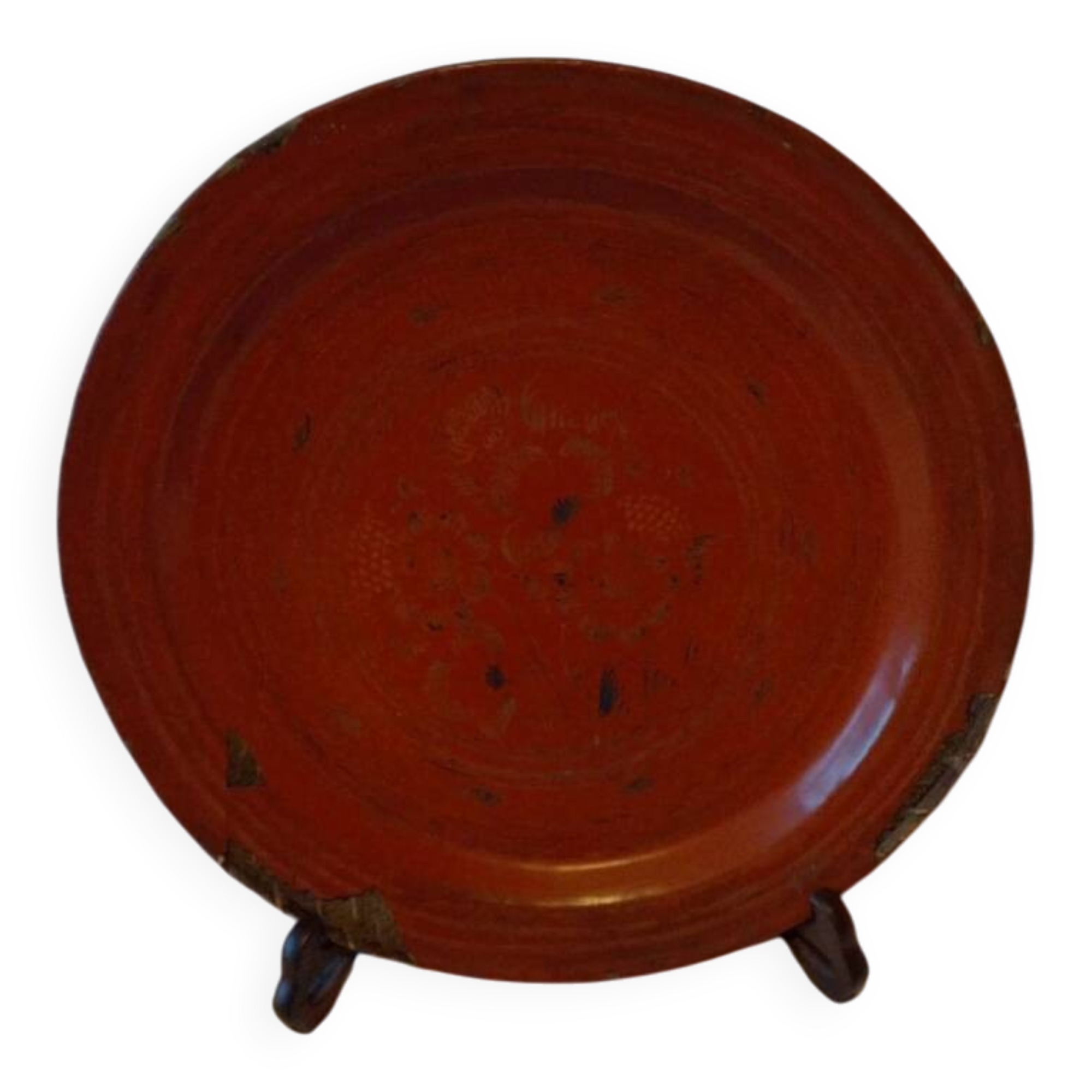 Dish, Indian tray painted in burgundy and tripod