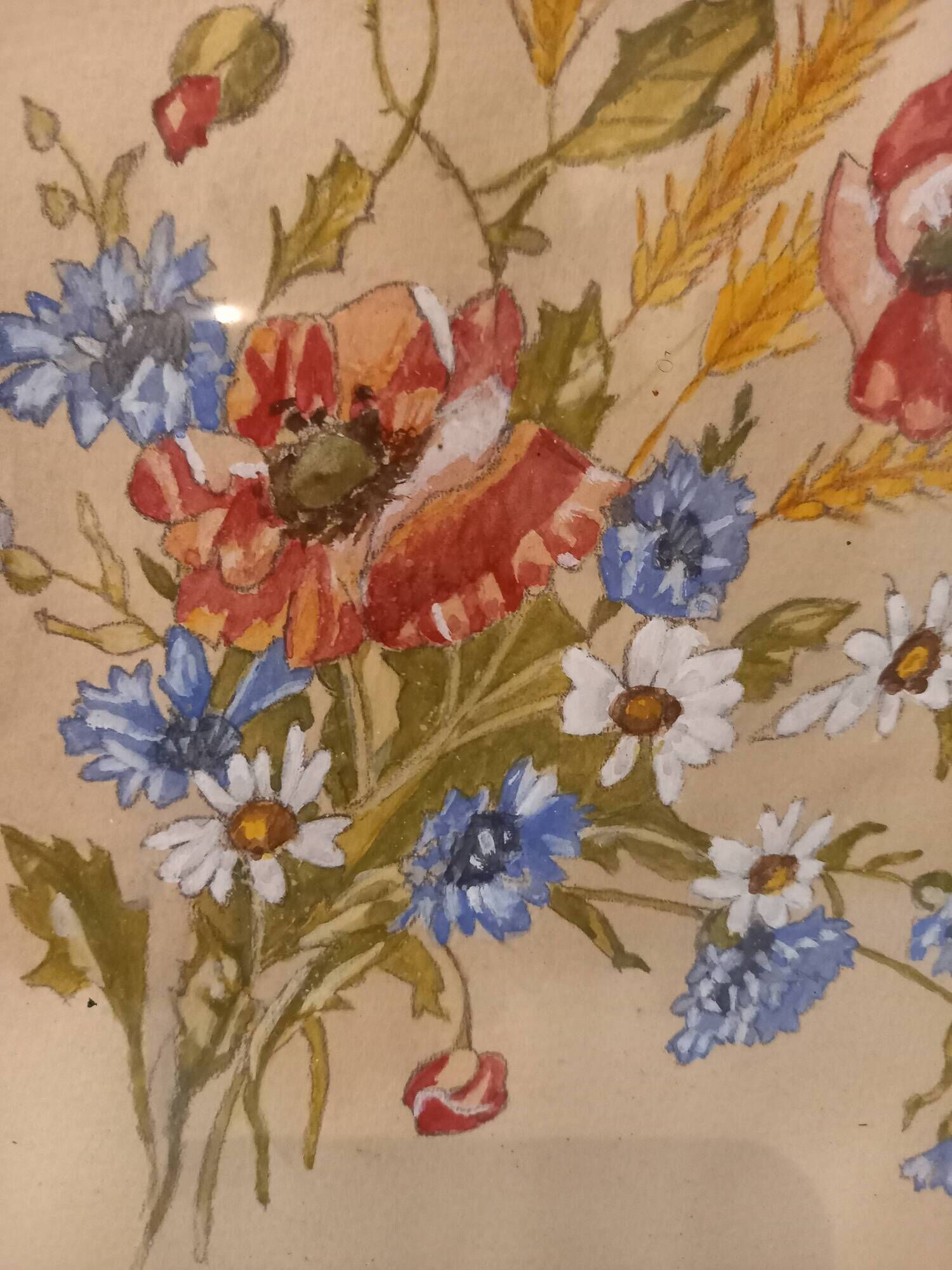 Old painting, gouache on paper, floral composition with cornflowers, poppies, wheat and chamomile