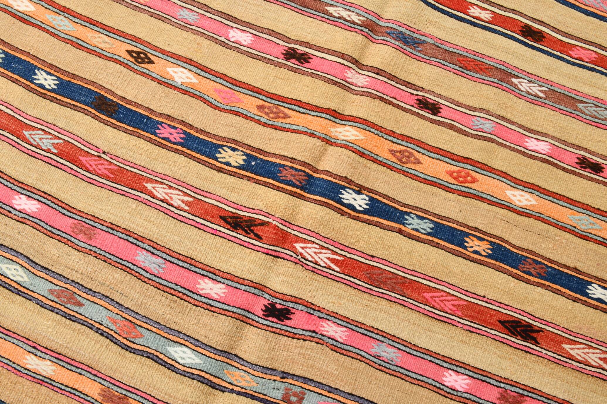 6x8 Khaki & Red Striped Pattern Vintage Kilim Rug, 183x239Cm