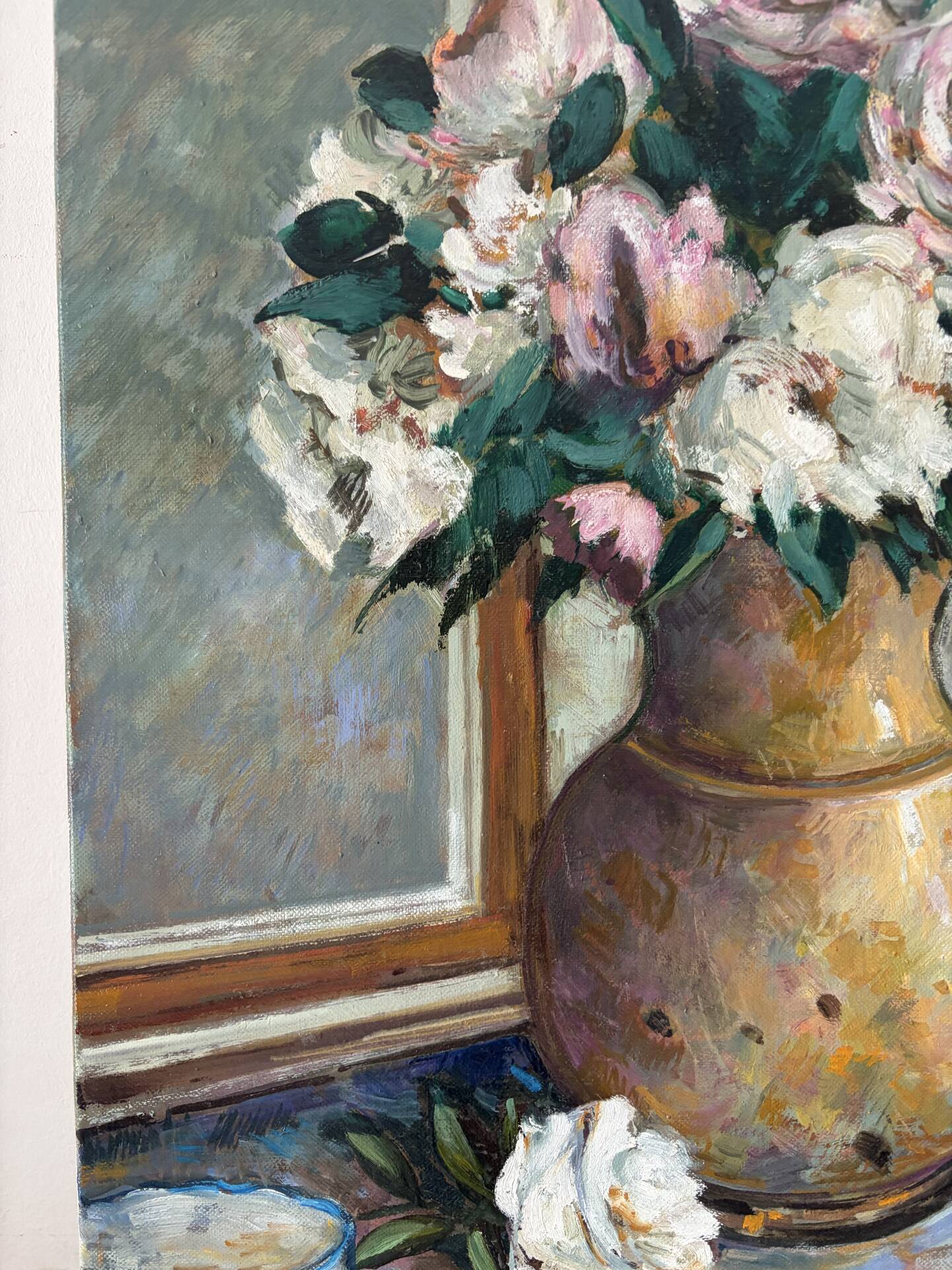 Bouquet in a gold vase, oil on canvas