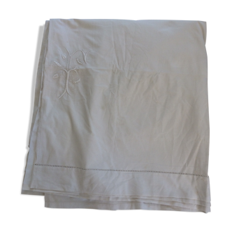 Drap ancien en coton blanc avec monogrammes