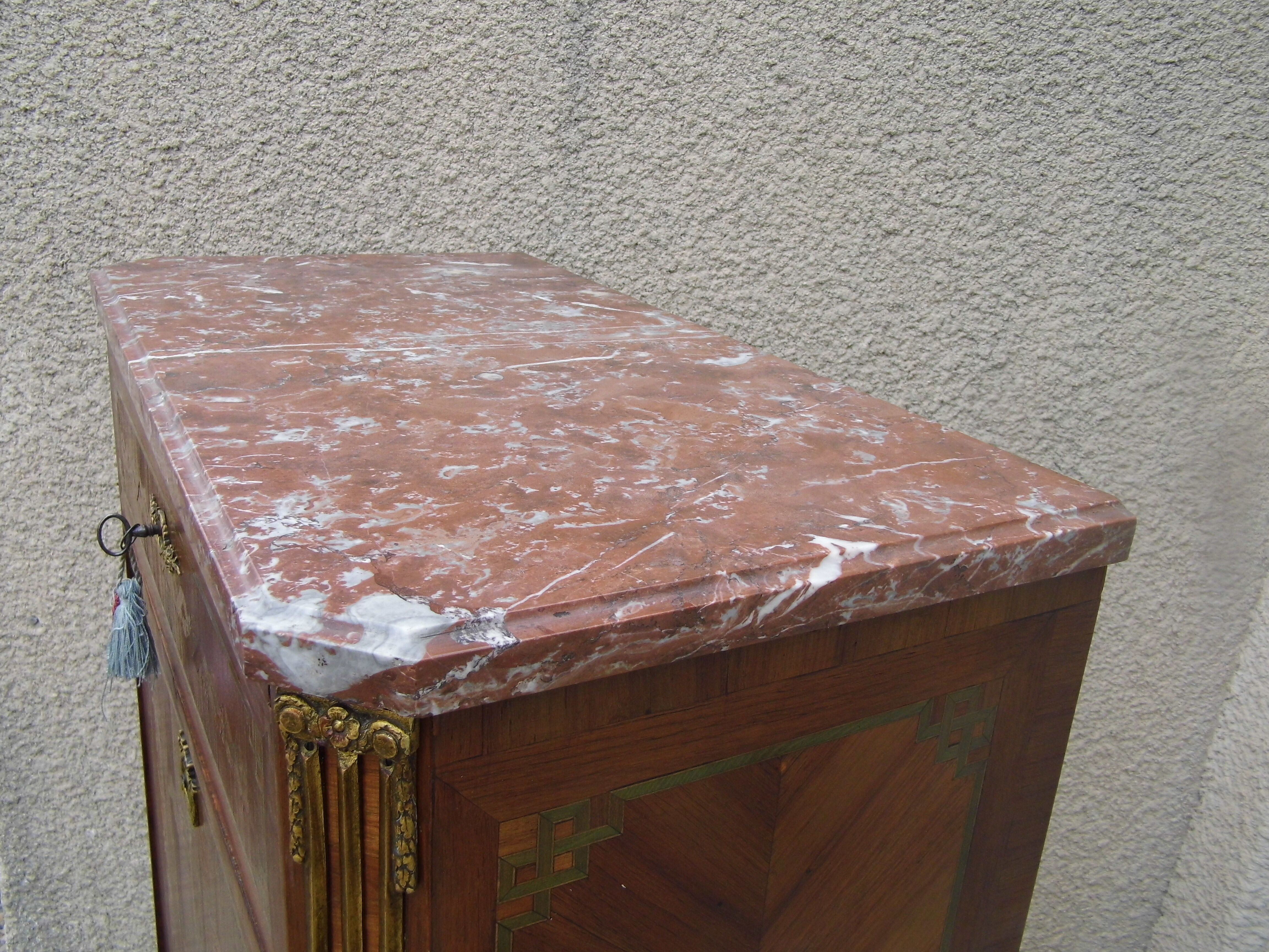 Writing desk louis xvi marquetry rosewood top royal red marble