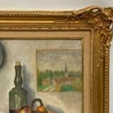 J poisat oil on canvas still life with fruits composition stucco frame