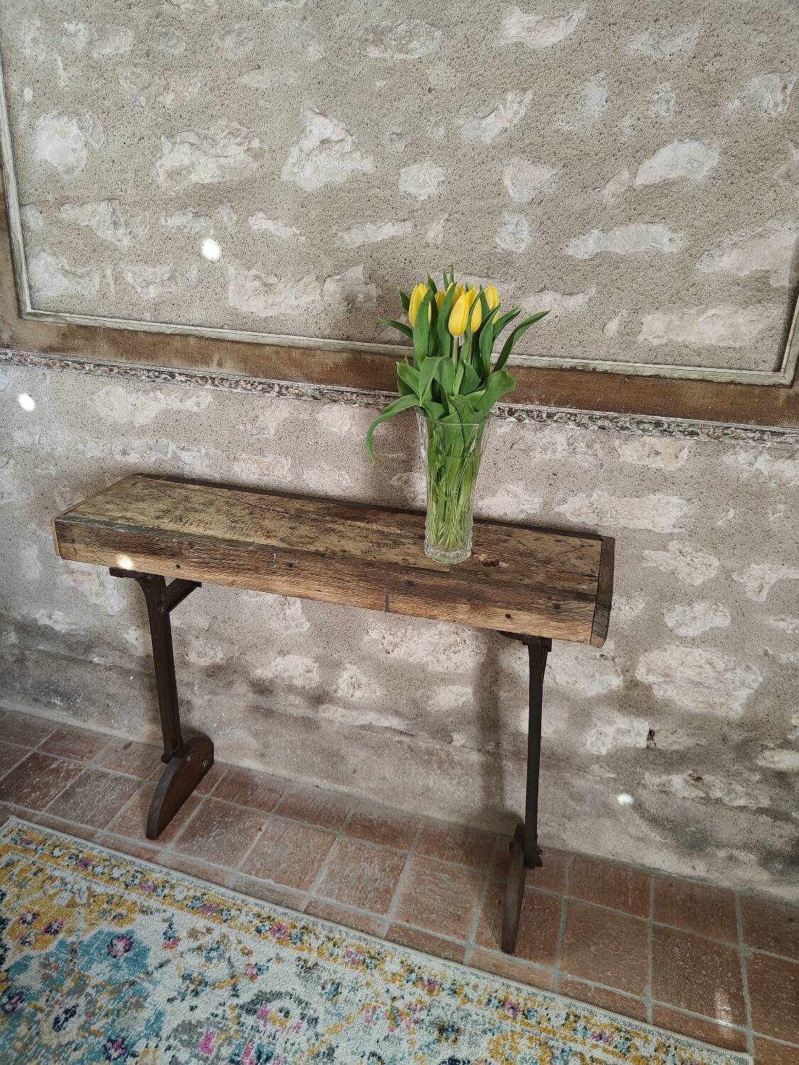 Oak and cast iron console, unique piece.