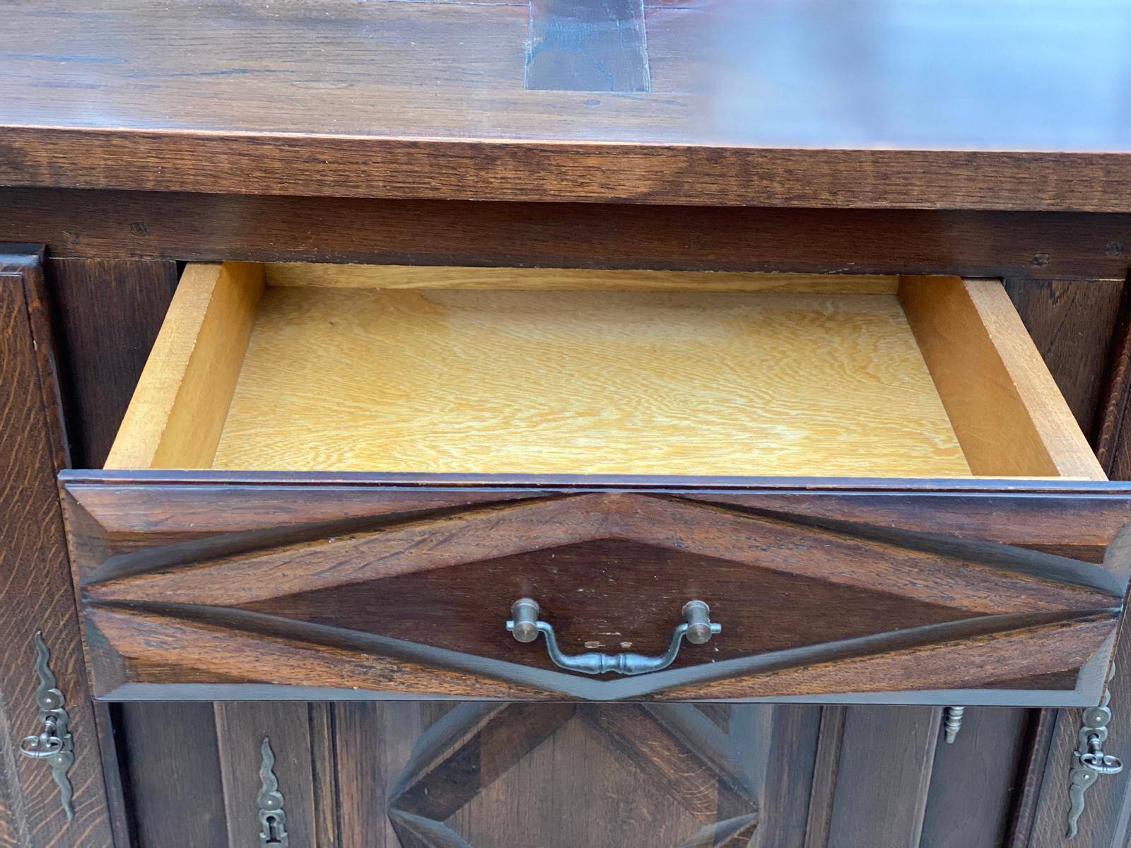 Art Deco sideboard in solid dark oak satin wood with 3 doors