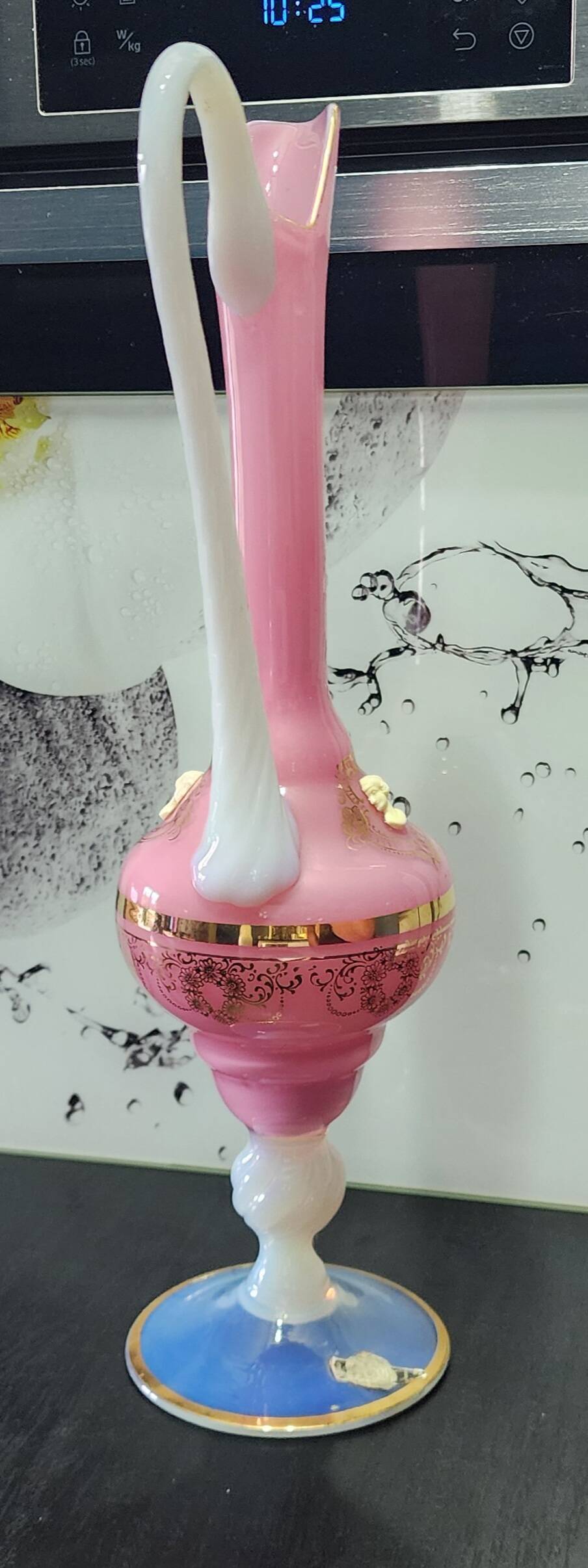 Vintage ewer vase opaline glass pink / blue and gold