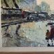 Huile sur toile vintage Notre Dame de Paris, scène de rue sous la pluie, signée 1950