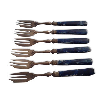 6 dessert forks, marbled blue bakelite sleeve