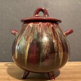 Sugar bowl, candy pot, covered pot in malicorne earthenware signed J. Guet