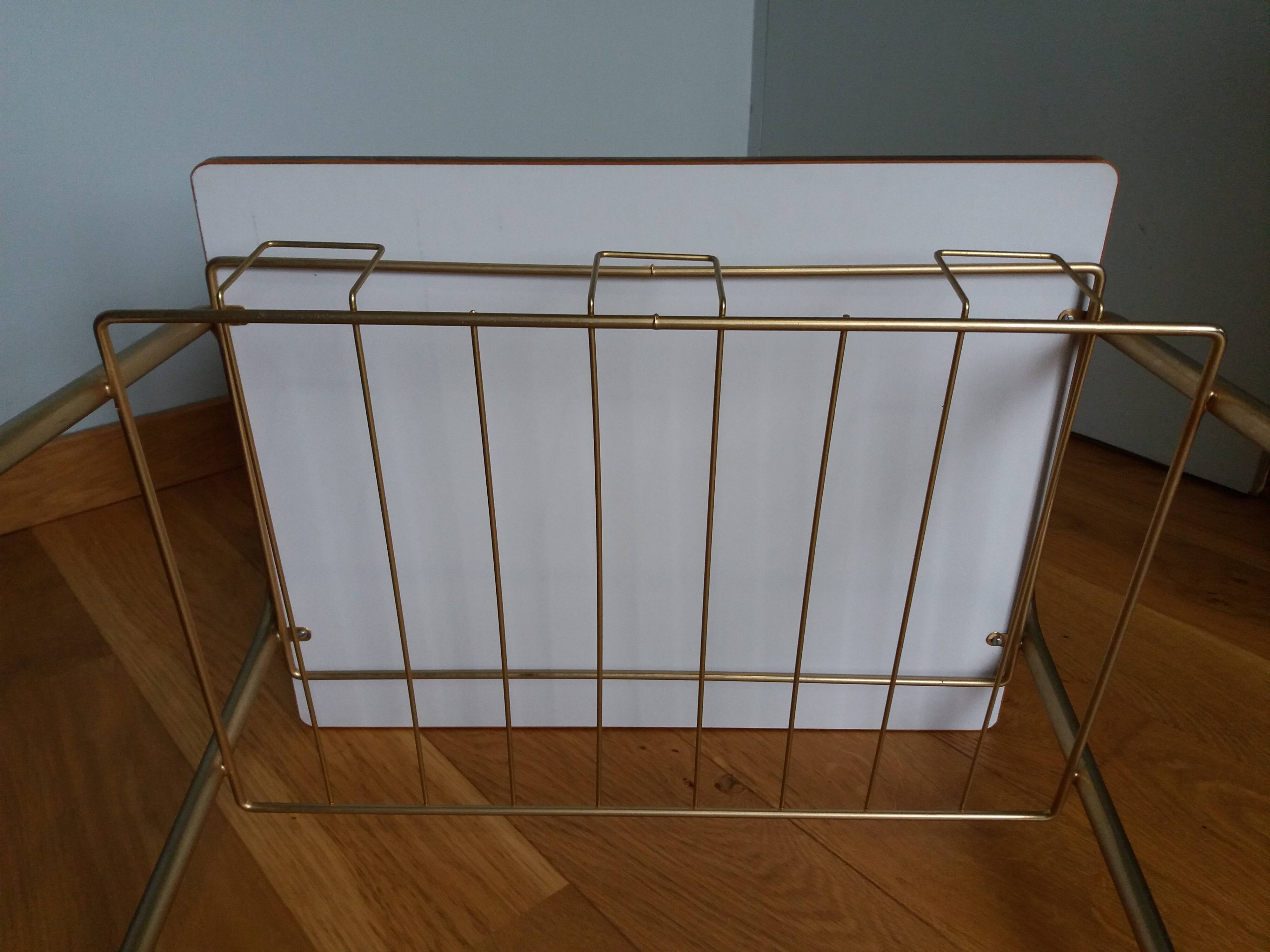 Table trolley for vinyls or magazines in gold metal and formica