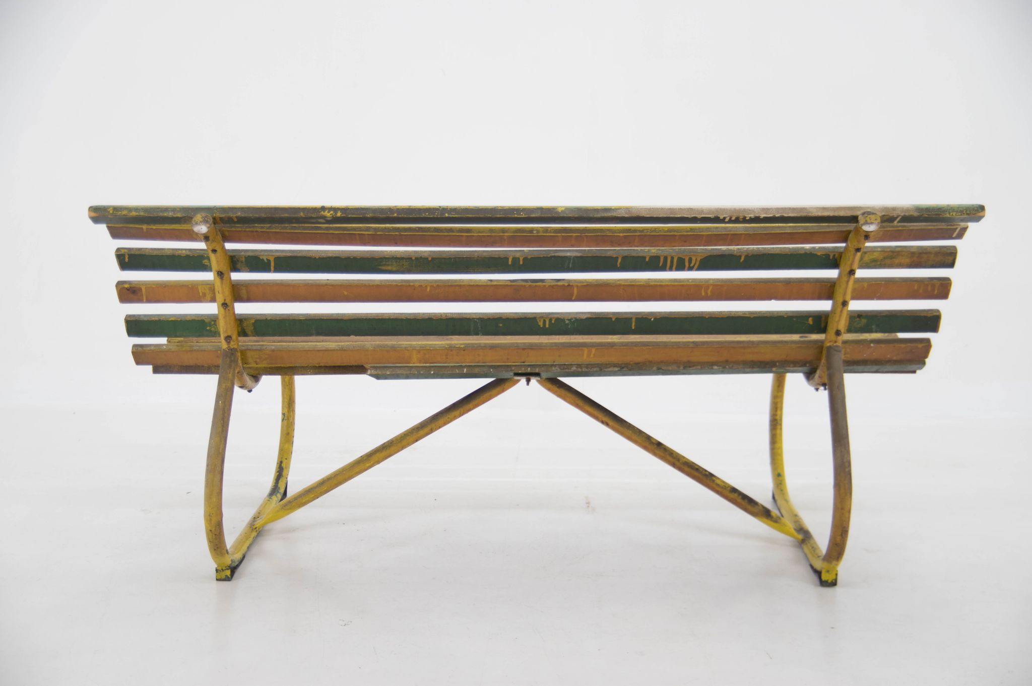 Banc vintage en bois et fer, années 1930
