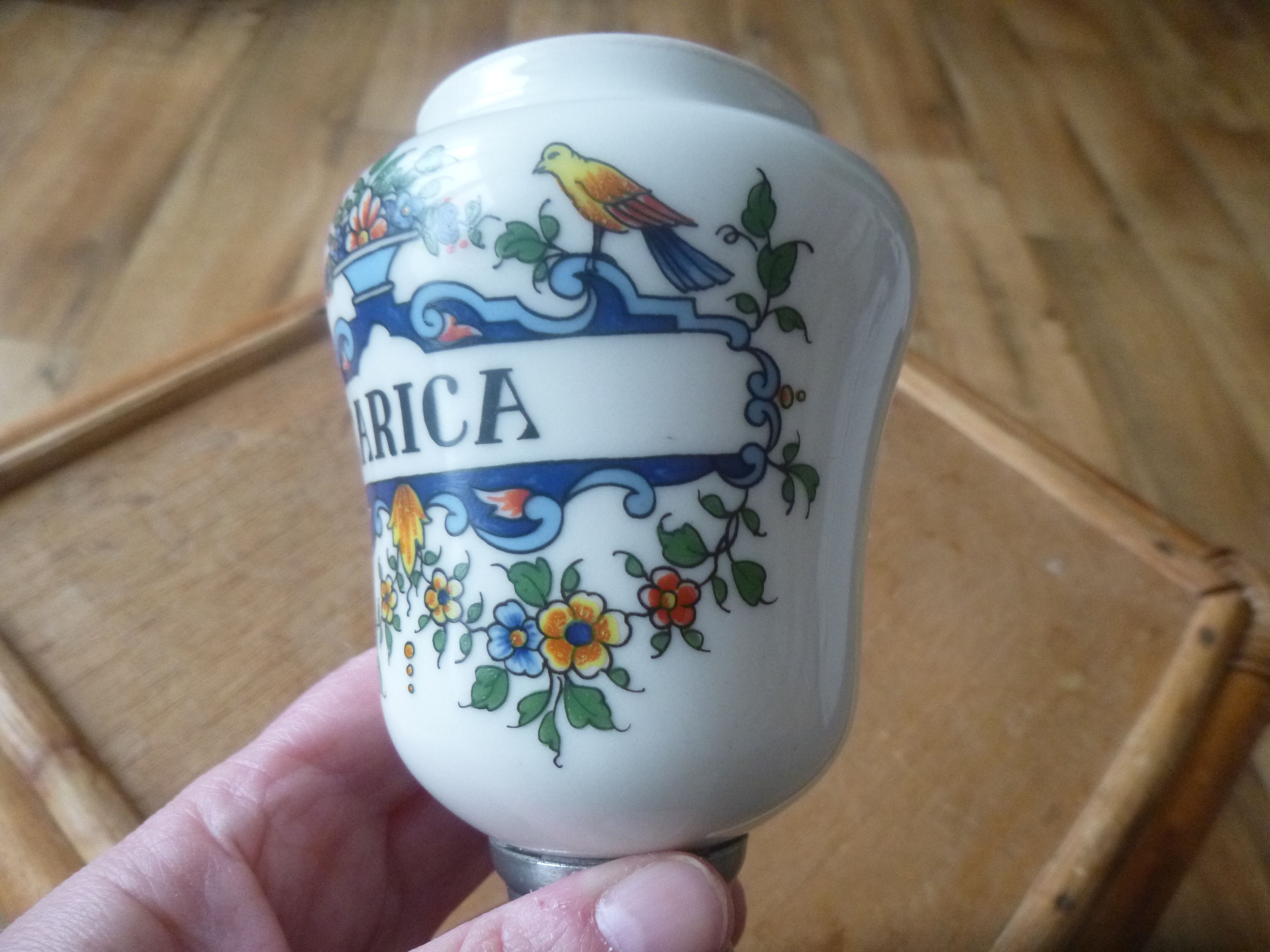 Old apothecary jar in pewter and porcelain