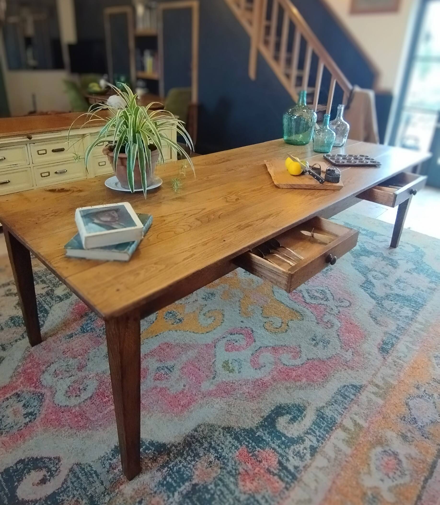 XXL solid oak farmhouse table 260x100 patinated two drawers