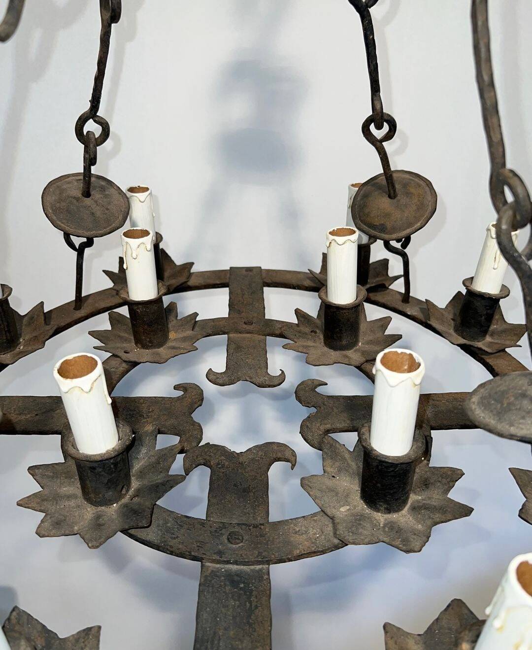 Wrought Iron Chandelier, 12 Lights, Gothic Style, French Work, circa 1