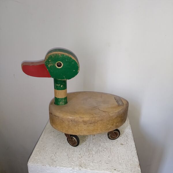 Jouet ancien canard à tirer en bois années 50
