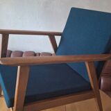 Danish teak lounge chair with sea blue-green  fabric, 1960s