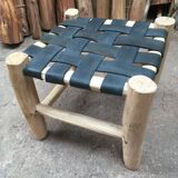 Set of four traditional moroccan stools in black leather and raw wood