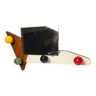 Asymmetrical wall coat rack 70's formica, 4 colored balls and mirror