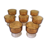 Ensemble de 8 coupes en verre de couleur ocre et base transparente vintage années 70