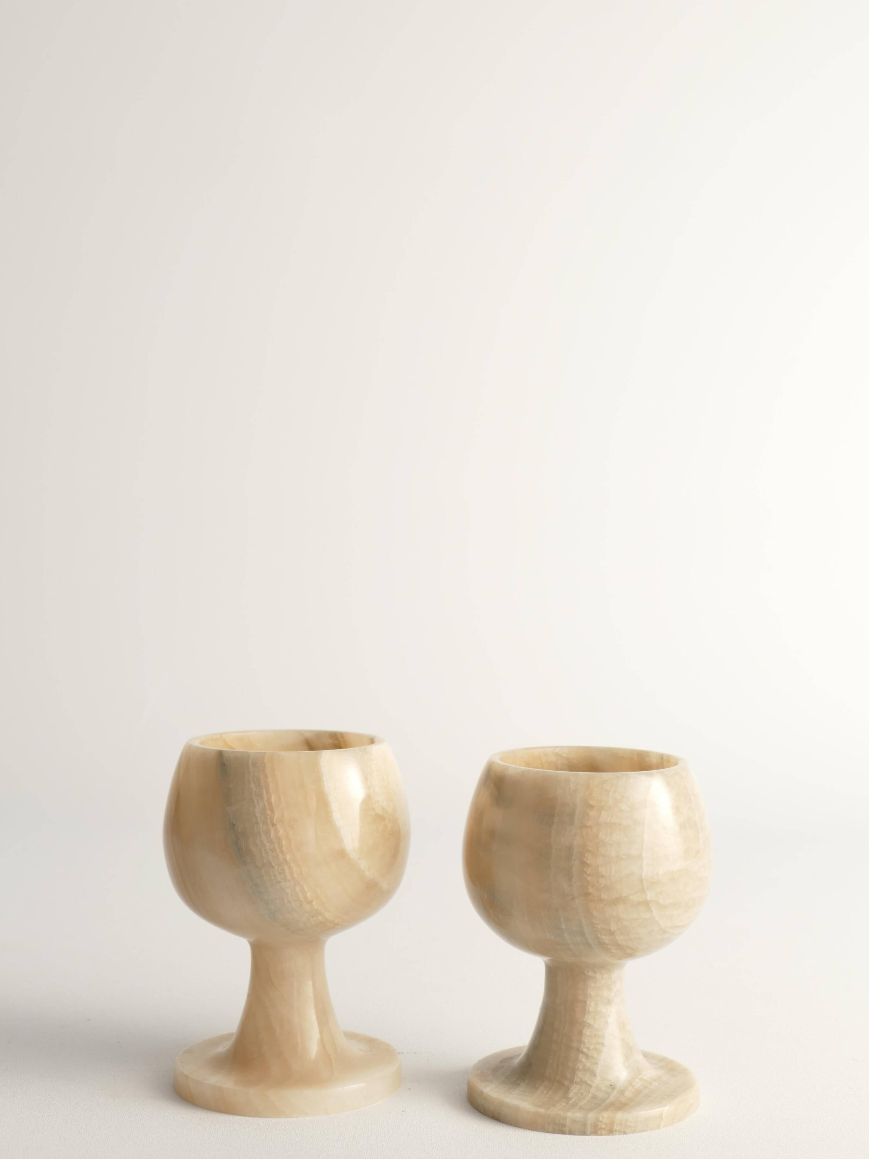 Hand Turned Light Brown Onyx Goblets Candleholders, Set of 2
