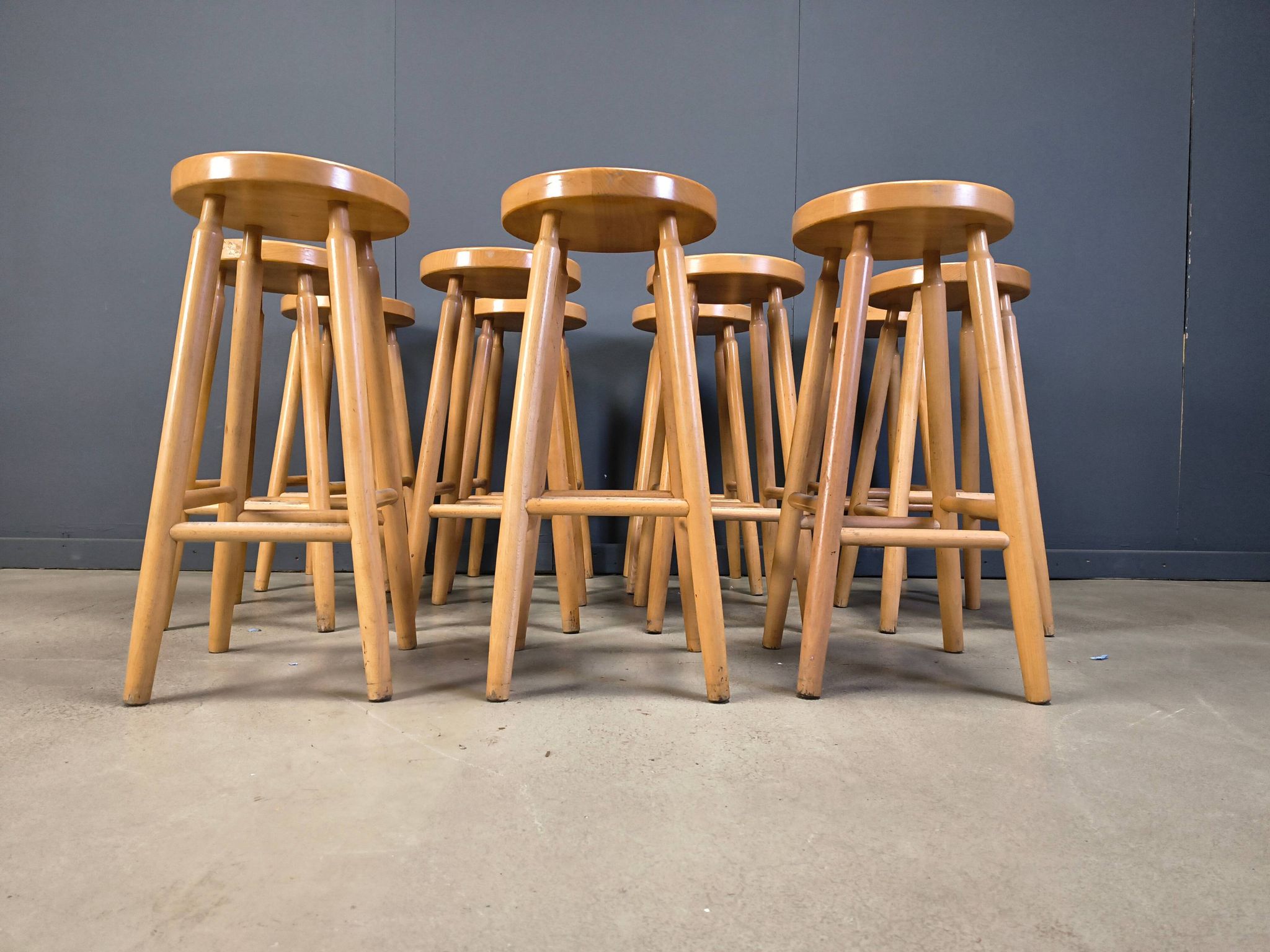 Alpine style chalet stools in wood, set of 9 - 1970s