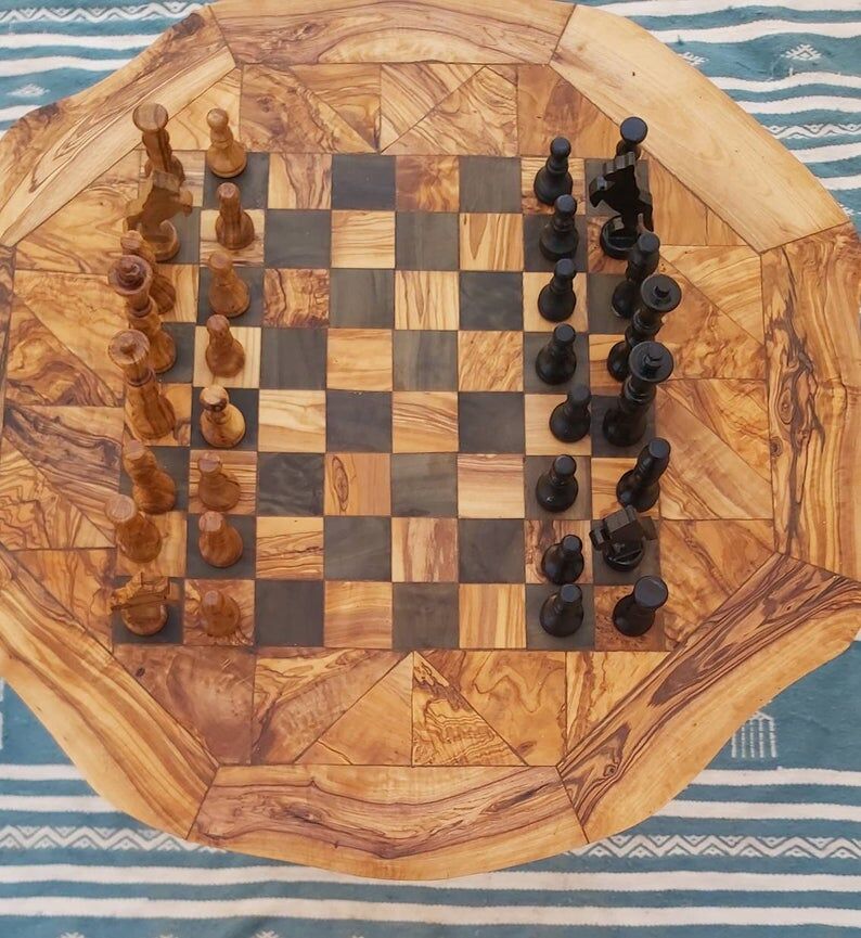 Chess game table, rustic olive wood