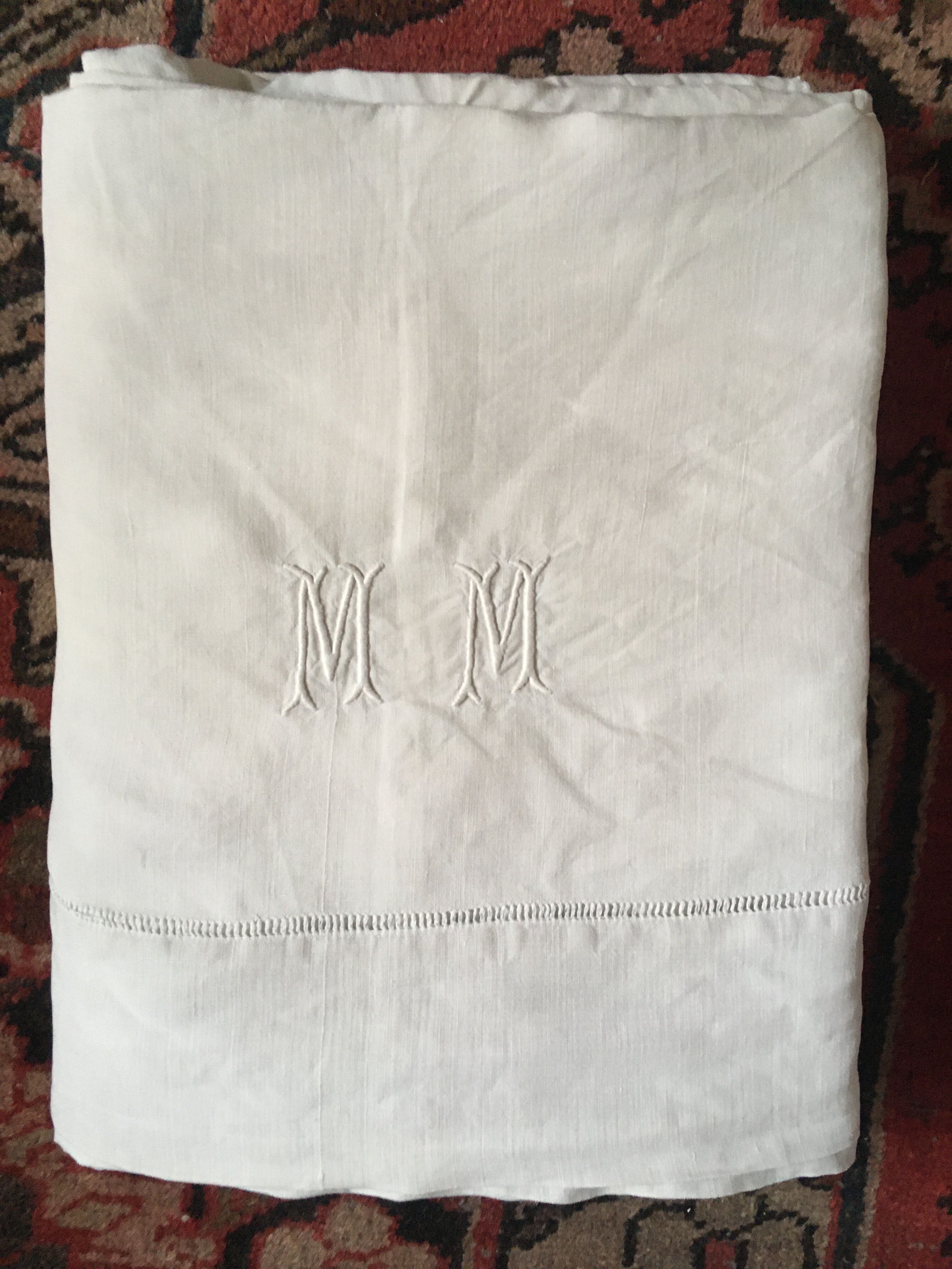 Linen thread sheet with monogram M M