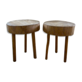 Pair of stools of tripod v with raw wood seat