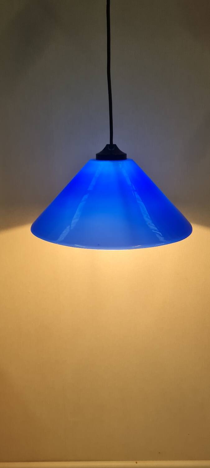 Conical pendant light in blue opaline glass