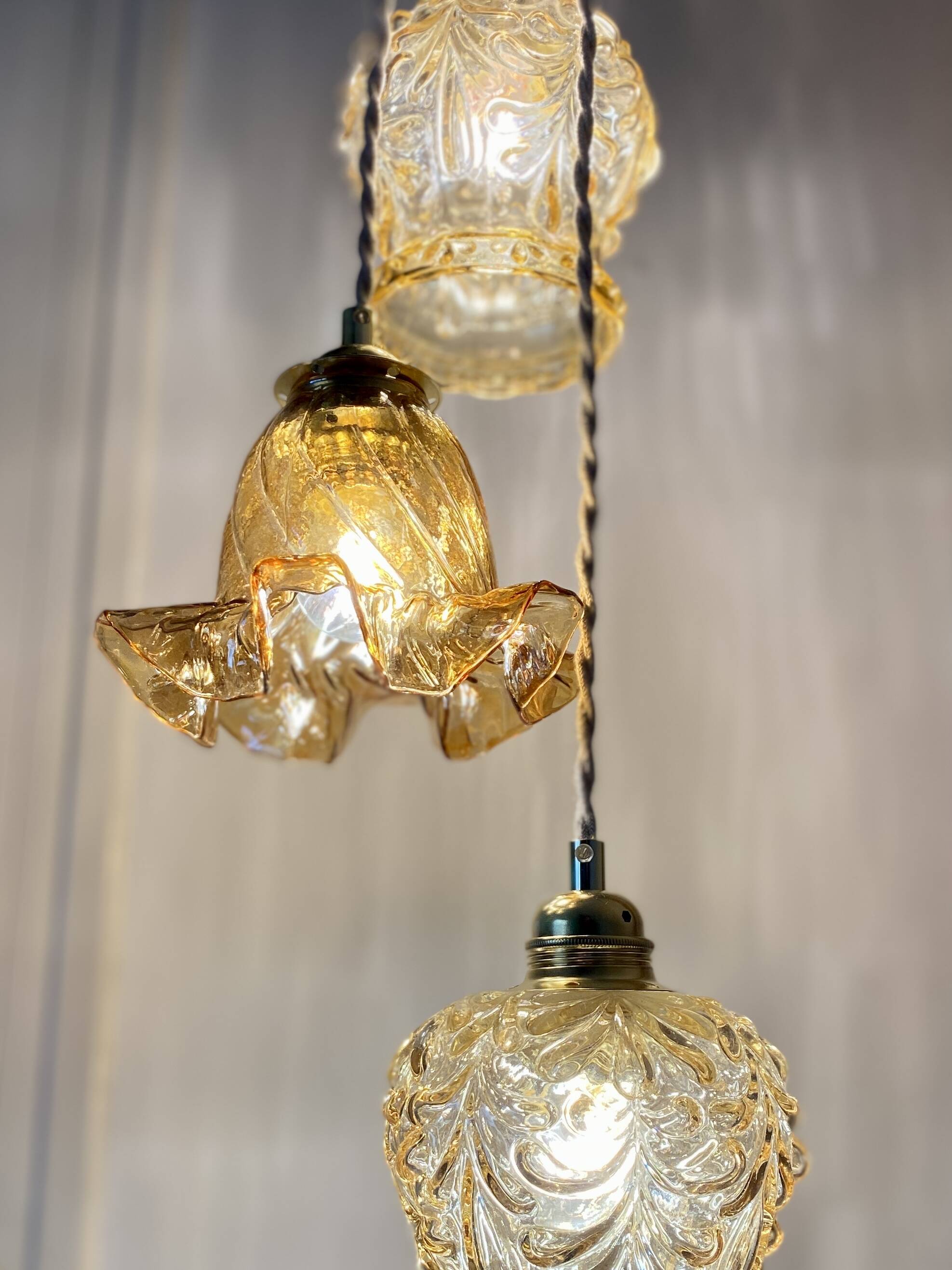 Vintage triple globe waterfall pendant light in amber glass