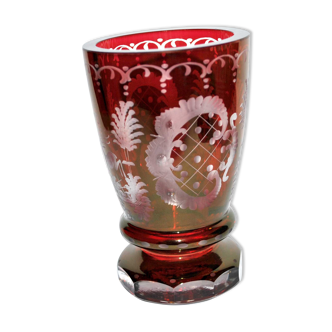 Bohemian crystal chalice lined ruby red and engraved hunting decoration