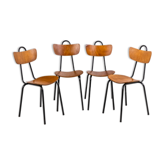 Series of four chairs in wood and metal, 1950s