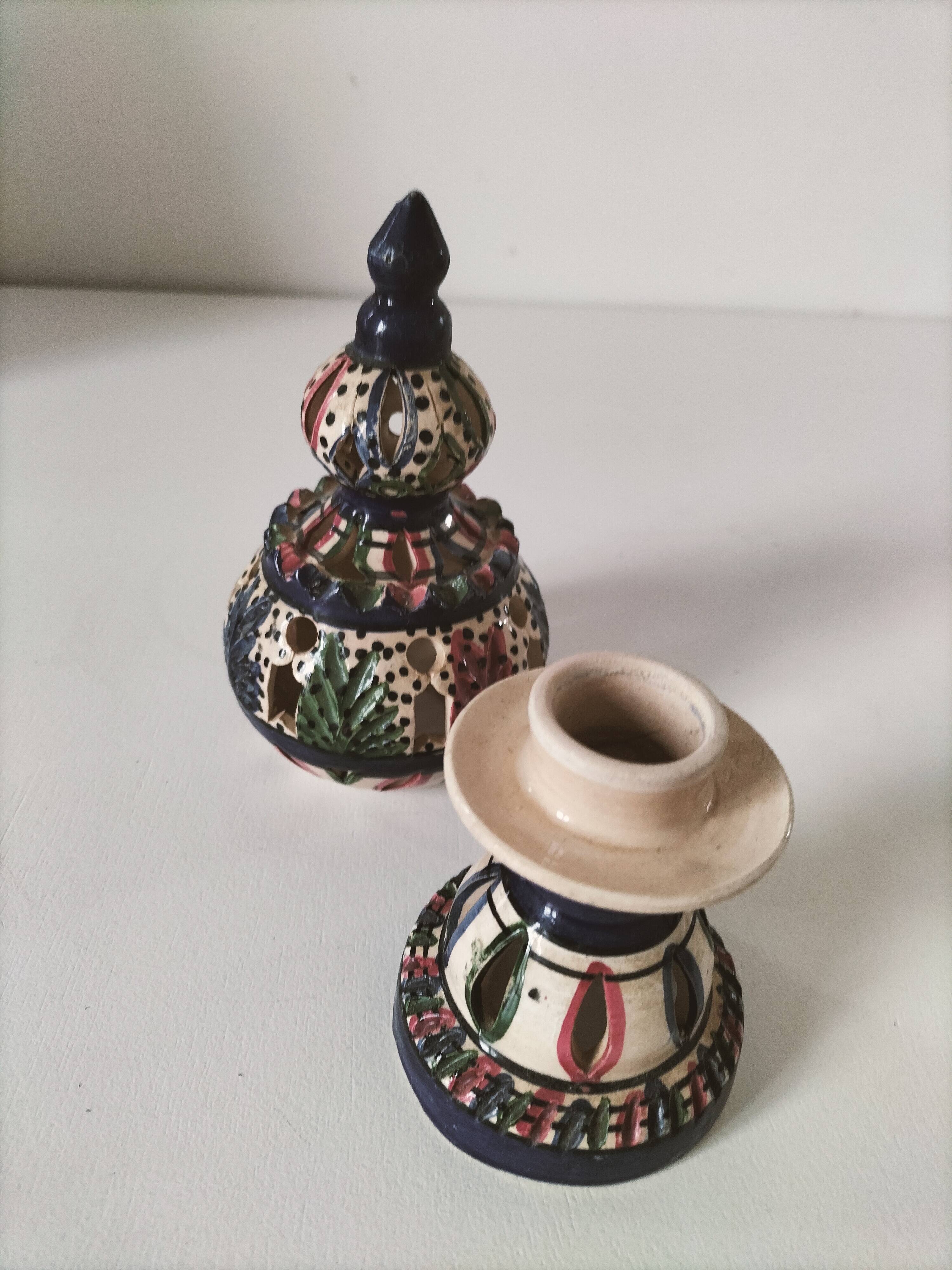 Openwork glazed ceramic candlestick-lantern – Tunisia, 1960s–1980s