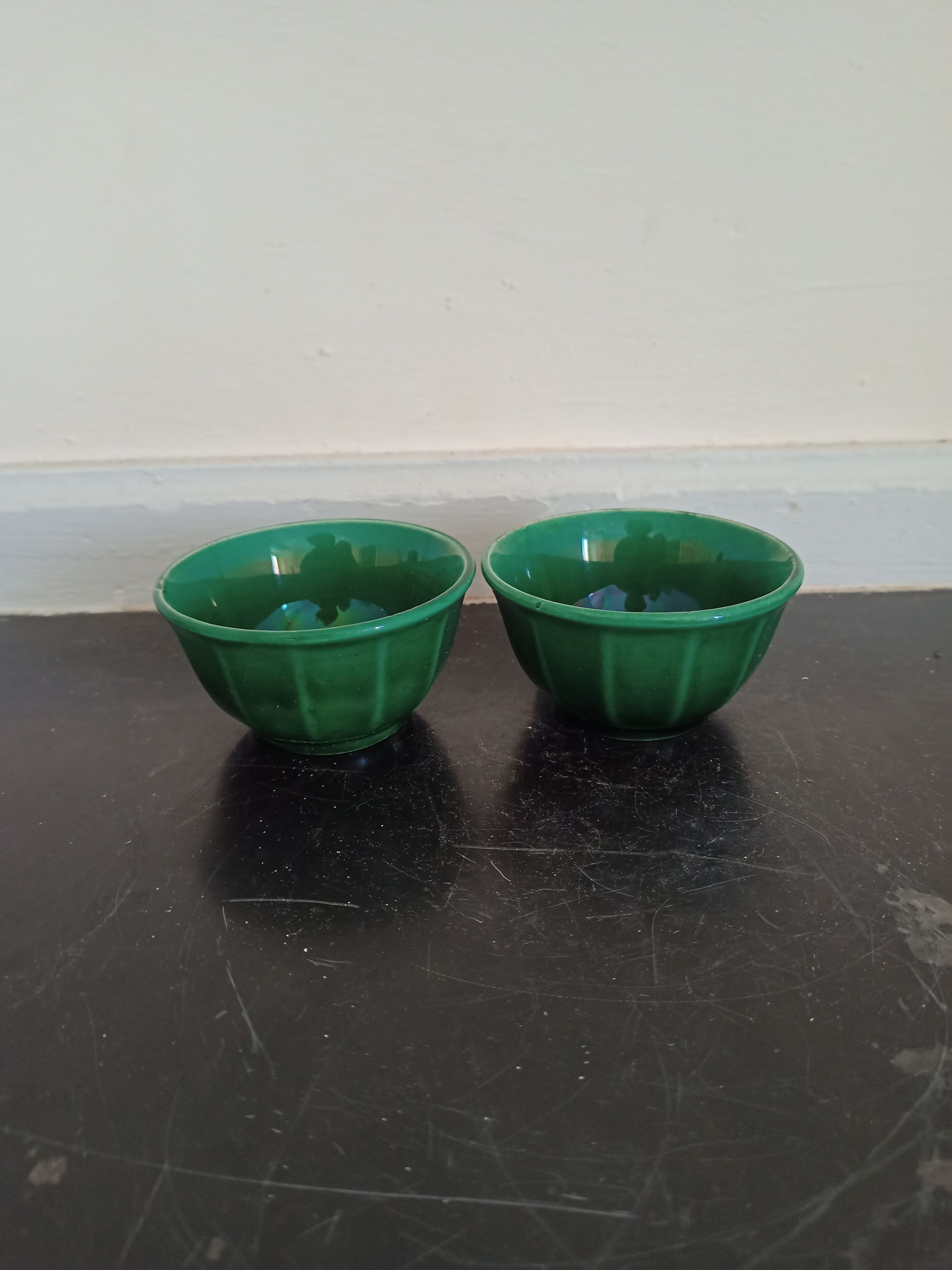 Pair of green ceramic cups K G Lunéville antique