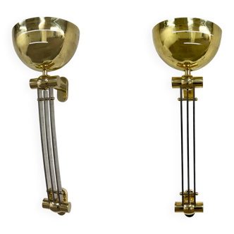 Set of 2 large wall sconces, hall lights, custom-made, brass, partially chrome-plated, art deco style, France, 1950s
