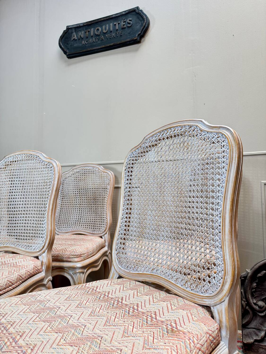 Set of six Louis XV style lacquered wood caned chairs