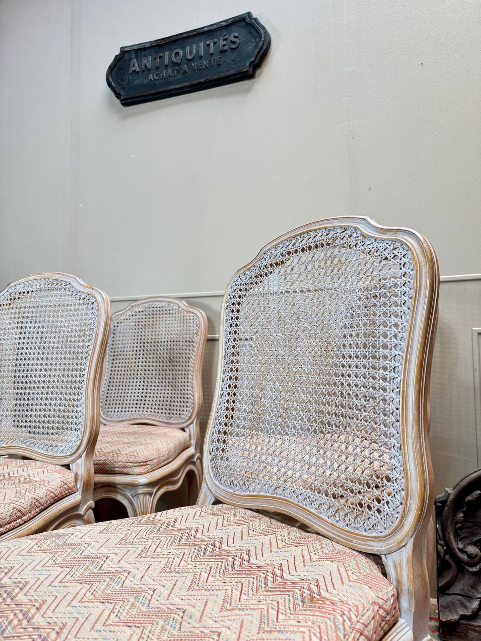 Set of six Louis XV style lacquered wood caned chairs