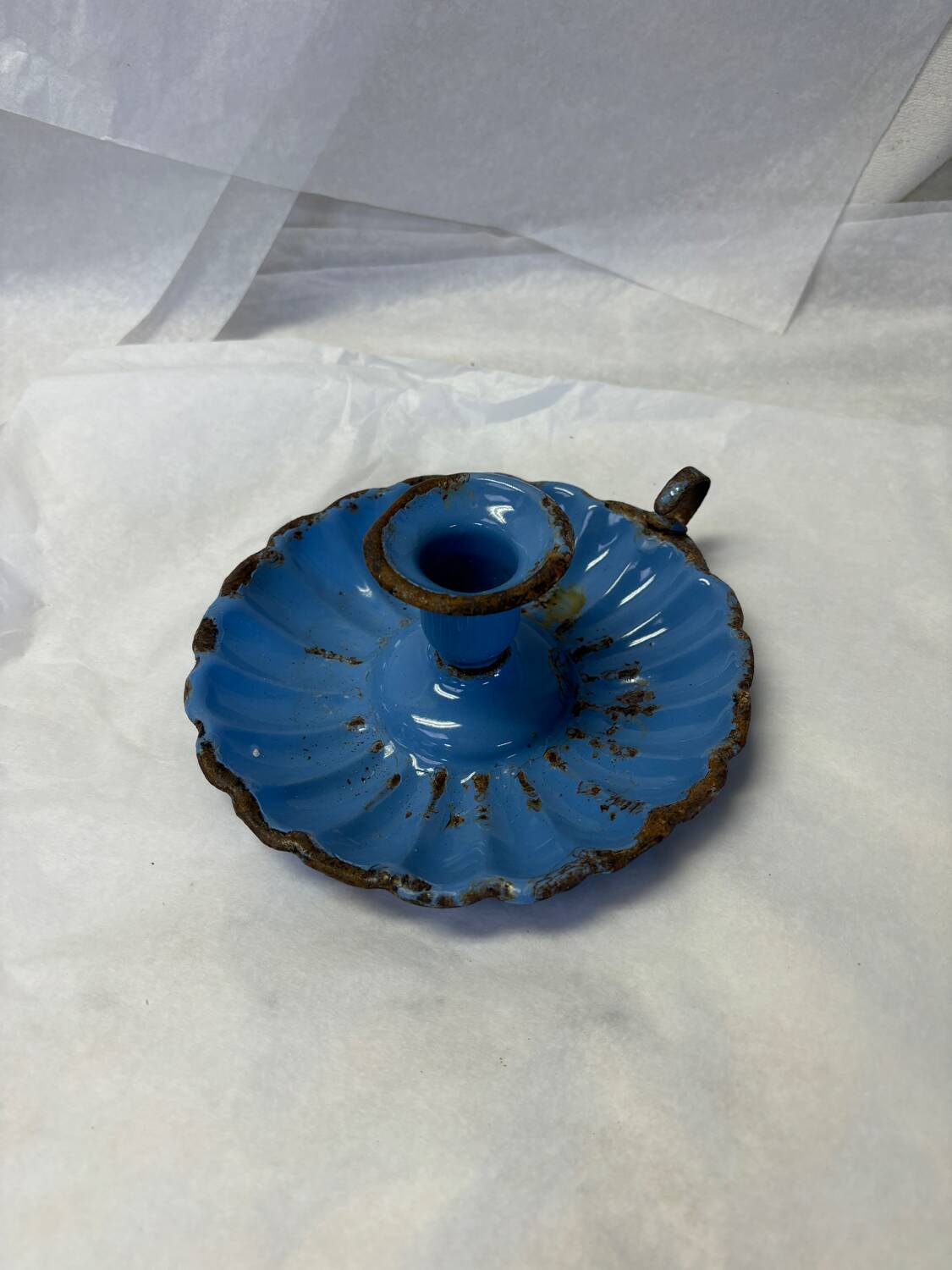 Blue enameled candle holder