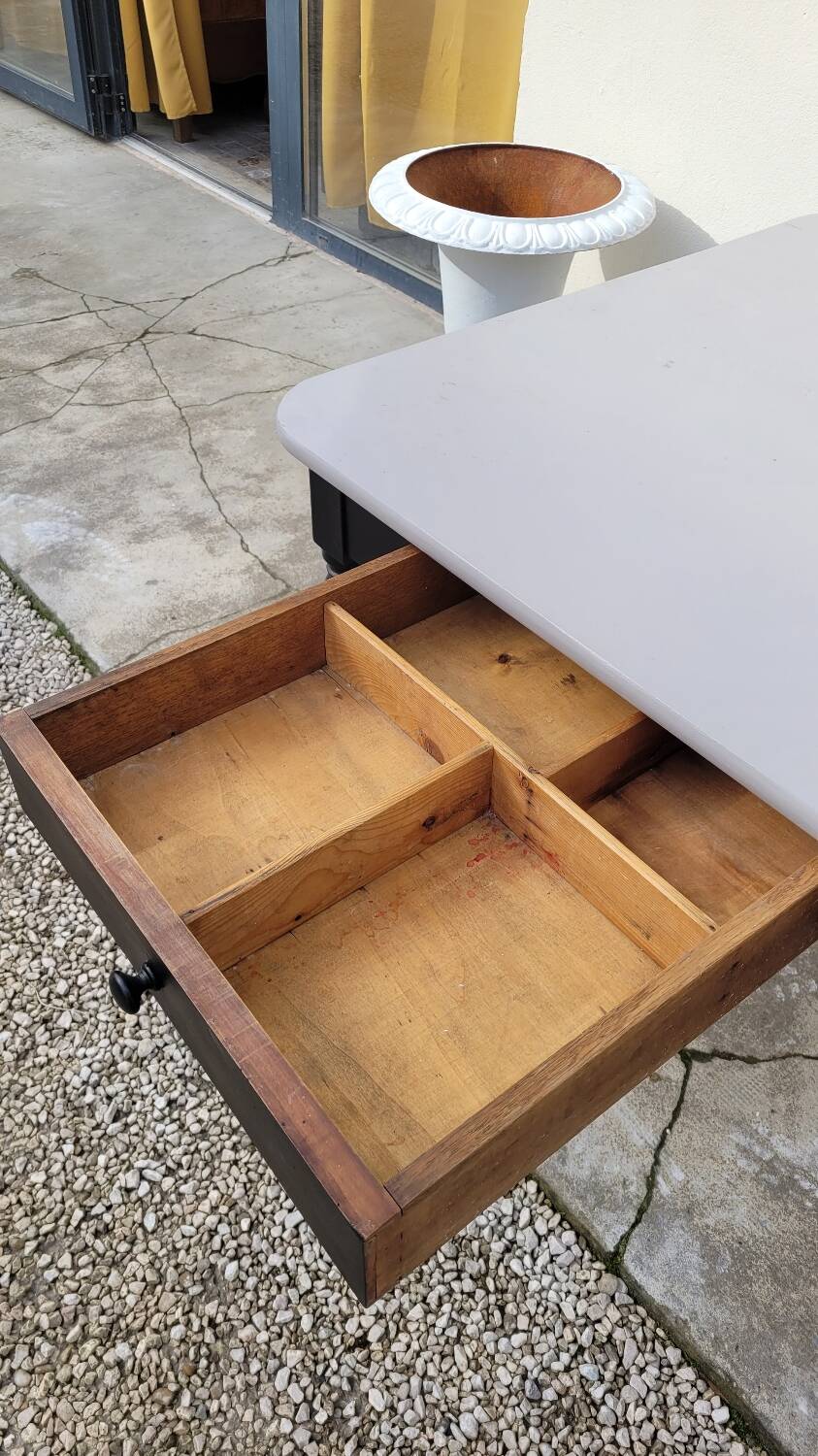 Antique patinated bistro farmhouse table, one drawer