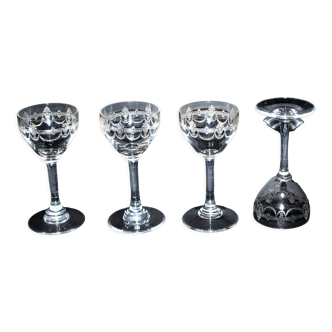 Set of 4 crystal liqueur glasses from saint-louis model sylva engraved with acid 1930