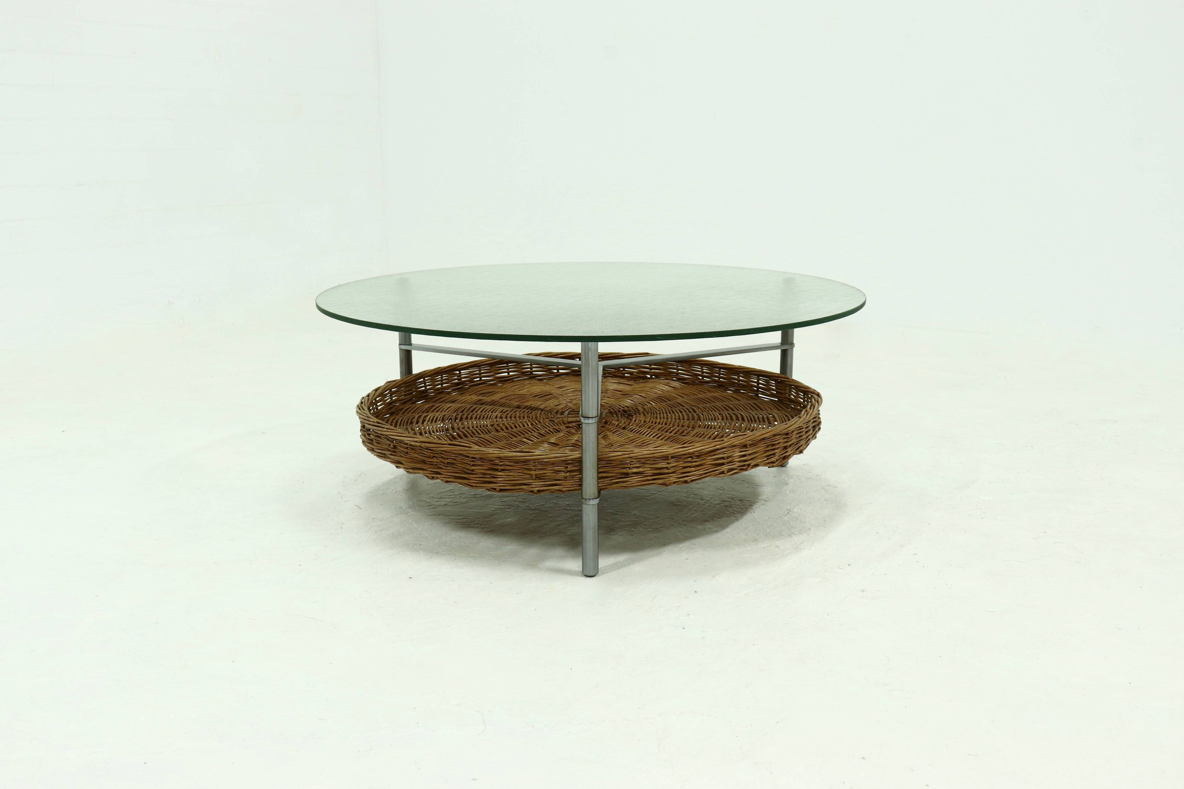 Round Coffee table with Rattan Magazine Rack and Glass Top 1960s