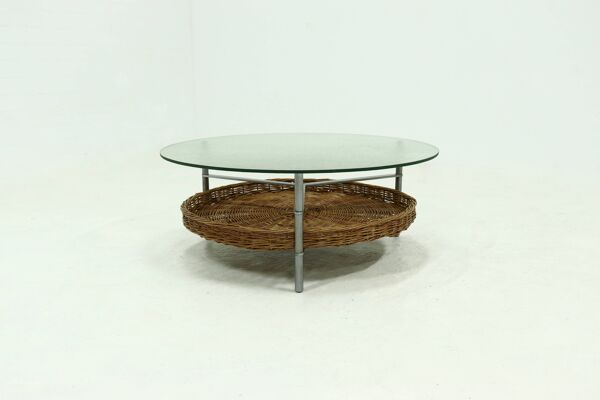 Table basse ronde en rotin, en verre et métal, années 1960