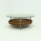 Round Coffee table with Rattan Magazine Rack and Glass Top 1960s
