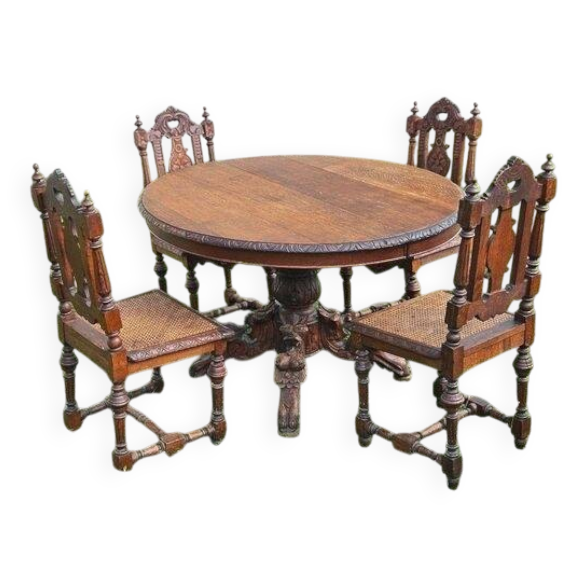 Round Table Set with 4 Character Carved Oak Chairs