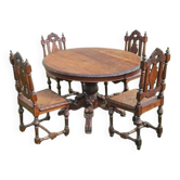 Ensemble Table Ronde et 4 Chaises en Chêne Sculpté de Caractère