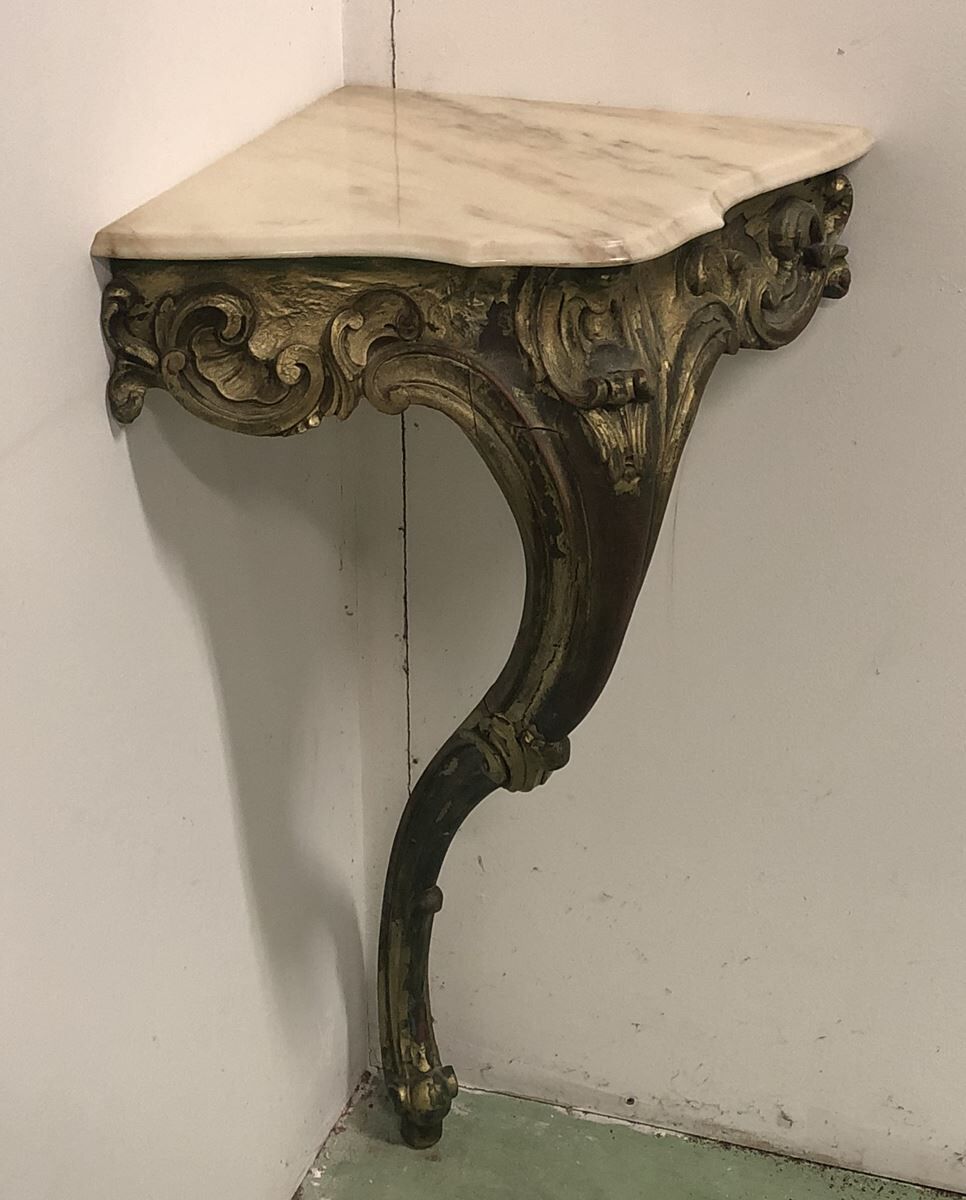 Small Louis XV-style corner console in gilded wood and marble