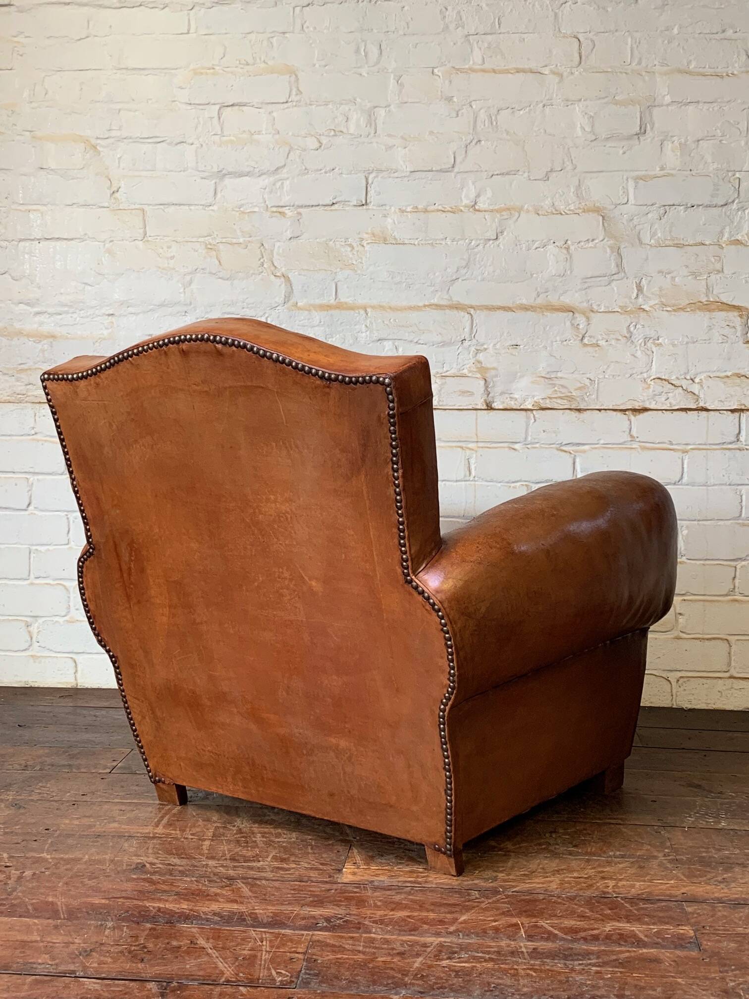 French leather club chair chapeau de gendarme in caramel c 1950