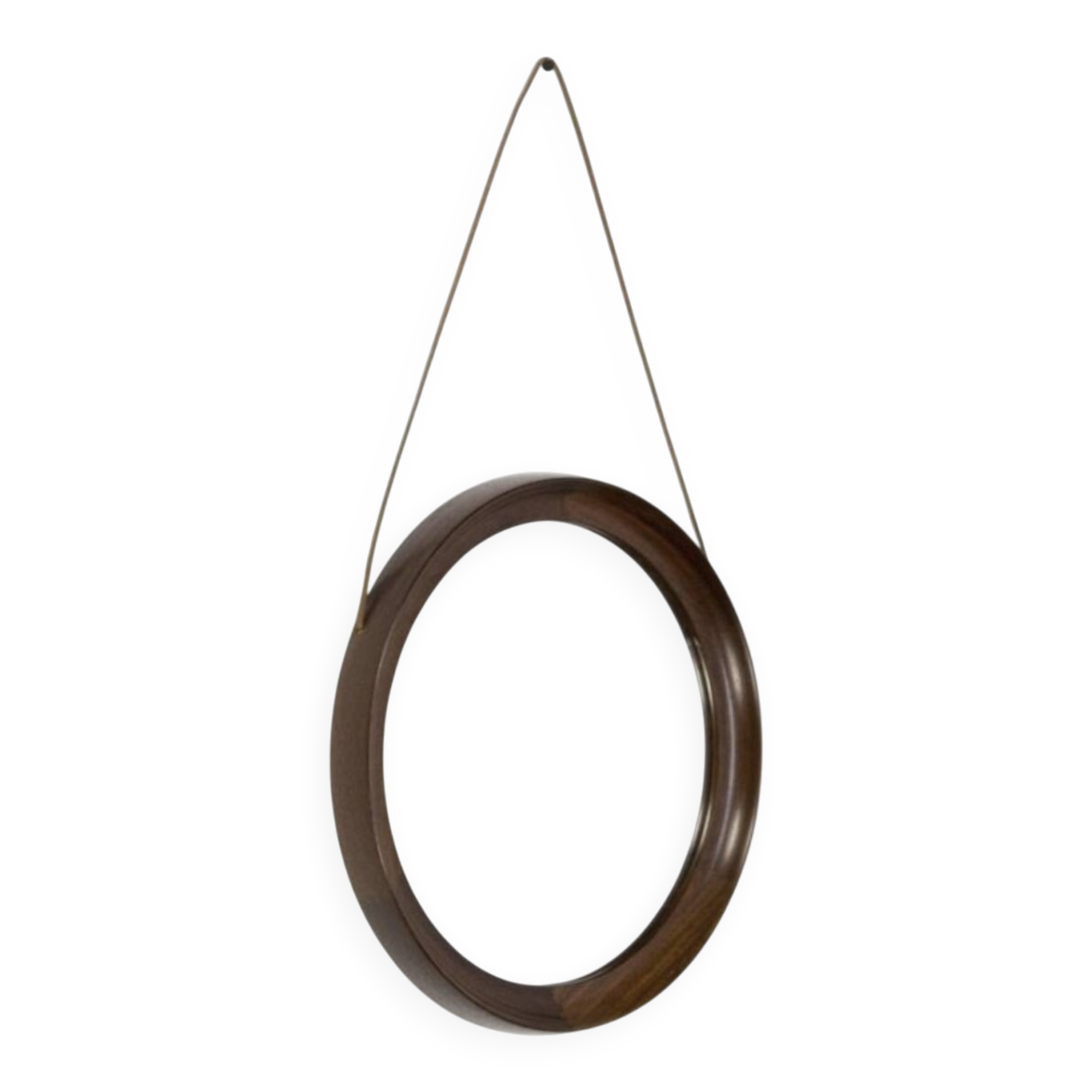 Miroir rond vintage scandinave en bois de wengé avec bracelet en cuir, design années 60