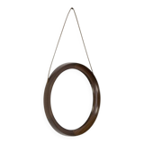 Miroir rond vintage scandinave en bois de wengé avec bracelet en cuir, design années 60